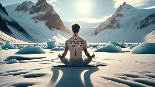 A serene image of an individual in a peaceful snowy & icysetting, deeply engaged in a guided breathing exercise, embodying relaxation and mindfulness.