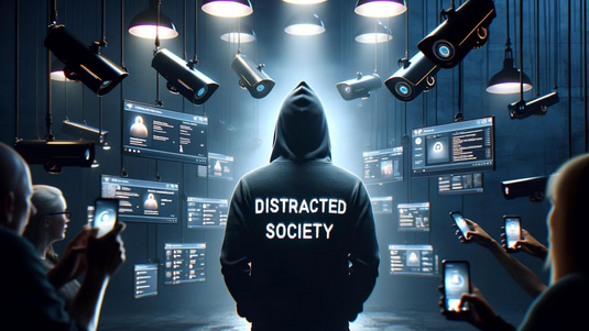 A thought-provoking image of an individual wearing a Distracted Society Hoodie, surrounded by screens and cameras pointed at him, displaying various personal data points, illustrating the pervasive nature of digital surveillance in our everyday lives.