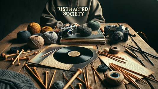 An image capturing a collection of analog hobbies—vinyl records, film cameras, knitting stuff and handwritten letters—laid out on a wooden table, illustrating a serene escape from the digital frenzy. a person with a distracted society hoodie