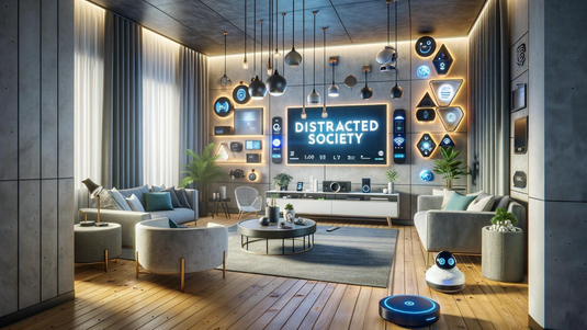 A captivating image of a modern living room filled with smart devices and IoT technology, subtly integrated into the fabric of daily life, representing the invisible yet omnipresent influence of ambient technologies.