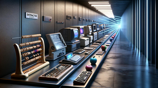 A dynamic image showcasing a timeline with various computing devices, from the abacus, through early computers, to a quantum computing model, illustrating the vast evolution of computing technology over the centuries.