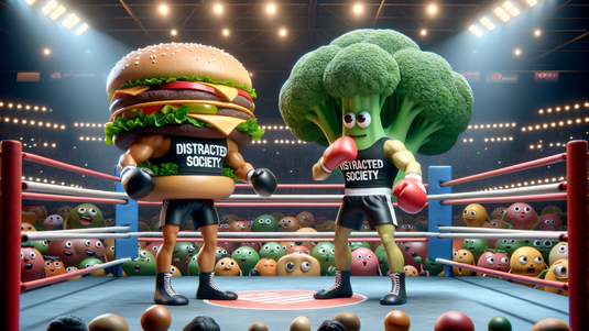 Animated characters of a burger and broccoli wearing boxing gloves and 'Distracted Society' attire face off in a boxing ring, humorously depicting the choice battle between fast food and healthy options in our diet.